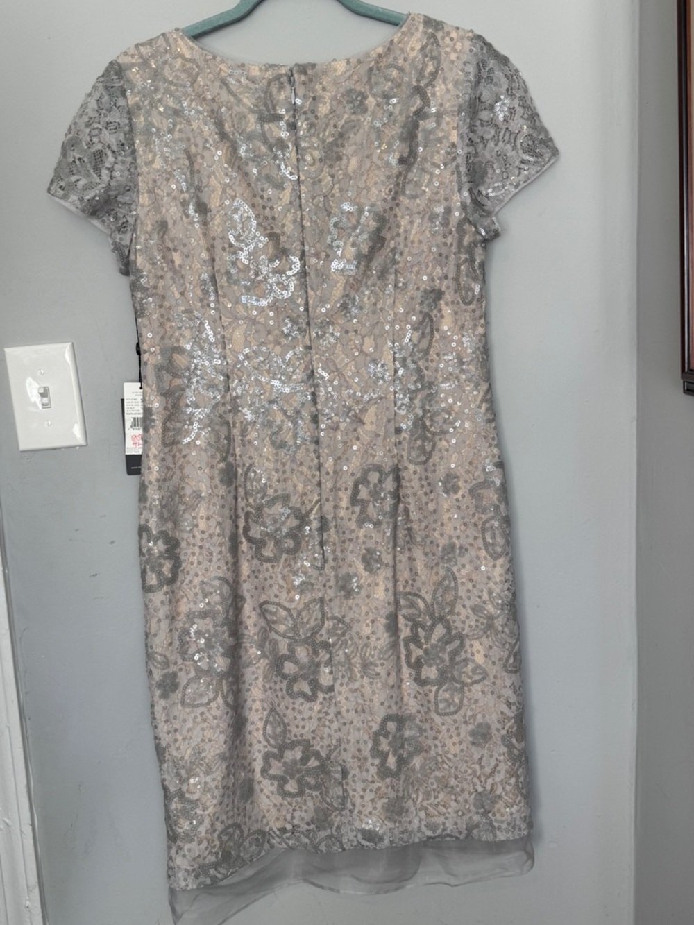 Adrianna Papell Sequin Lace Sheath Dress Champagne Nude Cocktail Party - Picture 4 of 7